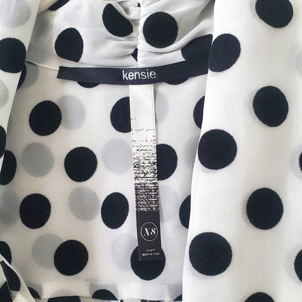 Kensie Semi-sheer Flocked Polka Dot Tie Neck Blouse Top 3/4 Sleeve Relaxed Fit - Picture 3 of 14